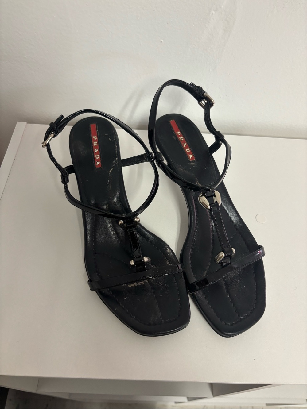 Prada Black Patent Leather T-Strap Sandals